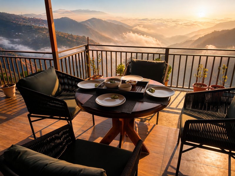Al-fresco dining at Hardys Retreat — table set on open terrace with panoramic Himalayan valley views at sunset