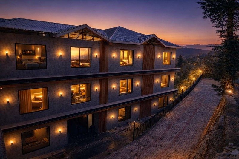 Hardys Retreat exterior aerial view at night with all rooms lit