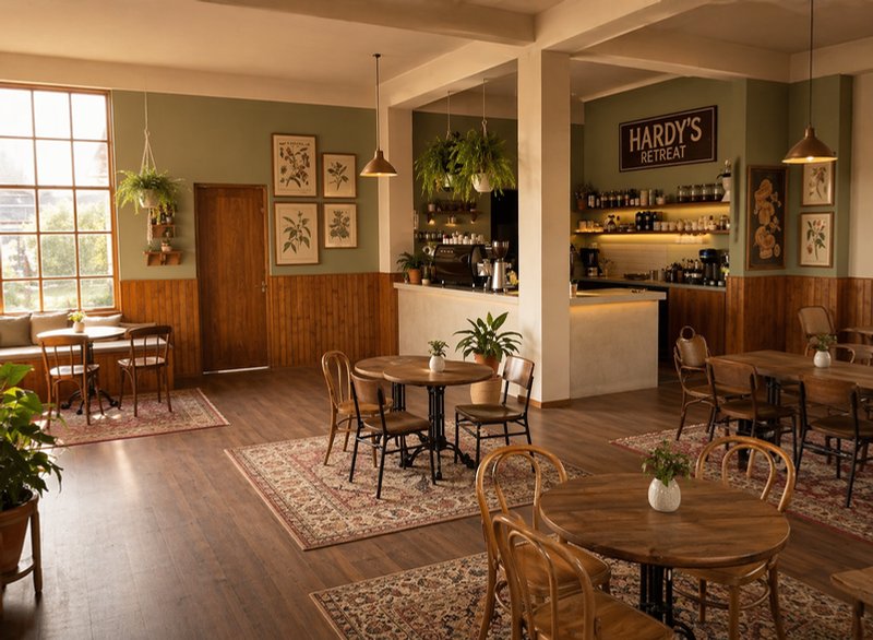 Hardys Retreat cafe — warm botanical interiors, coffee bar